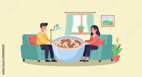 Couple sharing a very large bowl of hearty soup with mushrooms and grains