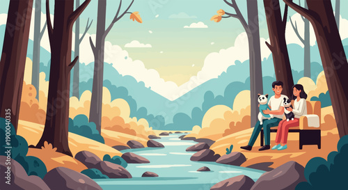 Couple enjoying autumn forest scenery with two dogs by a stream