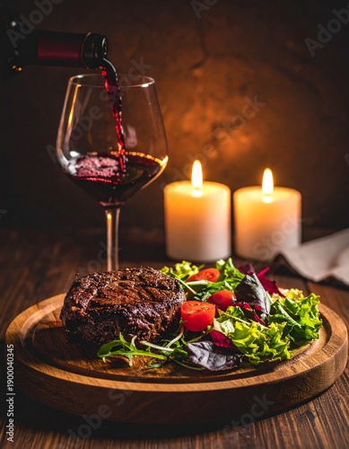 A glass of red wine being poured over a steak with mixed greens on a wooden platter, lit candles in the background