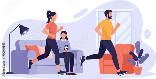 Family indoors, two adults jog while child and pet relax