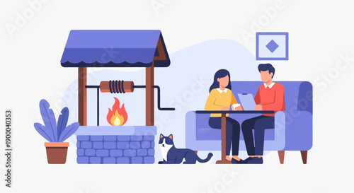 Couple sits by a well with a cat and plant, enjoying drinks