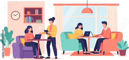 Diverse team collaborating remotely in a modern, cozy office setting