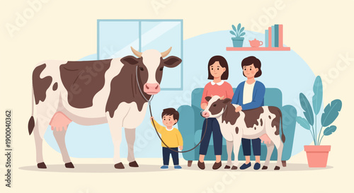Family indoors with two cows, one a calf, and domestic plants
