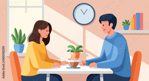 Couple sitting at table with coffee and plants, clock on wall