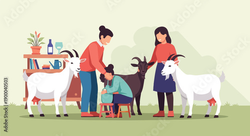 Family milks goats on grassy area next to shelf with plants