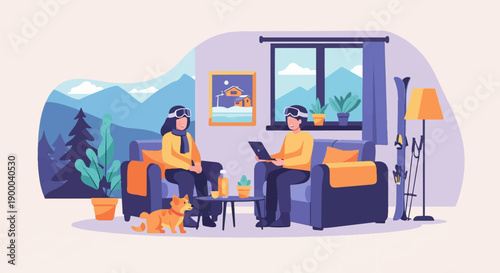 Cozy winter scene with people relaxing indoors near ski gear and mountains