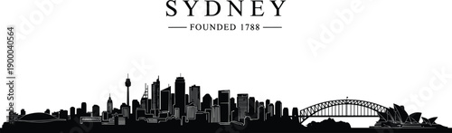 Sydney city skyline with Harbour Bridge and Opera House in black silhouette