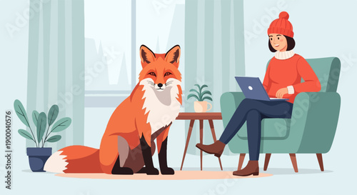 Cozy indoor scene with a fox and woman working on laptop