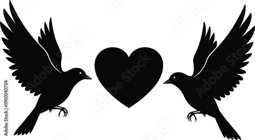 Black silhouette of two birds facing each other with a heart between them love