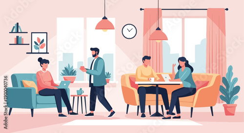 Diverse group collaborates and relaxes in a modern, light-filled indoor workspace