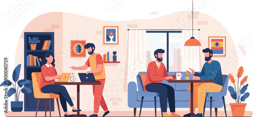 Diverse group collaborates and converses in a modern, bright interior