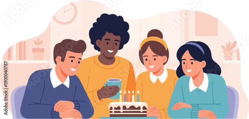 Diverse friends celebrate a birthday with cake and candles