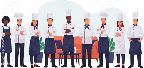 Diverse team of chefs in uniform, standing with aprons and hats