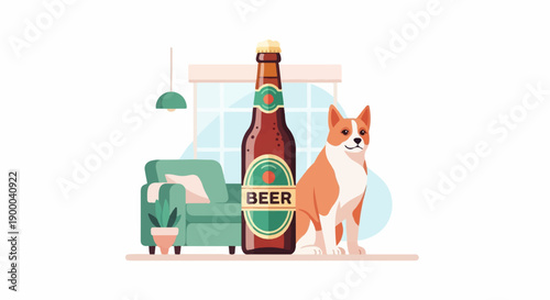 Cozy indoor scene with dog, beer bottle, sofa, and plant