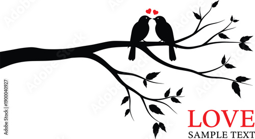 Two black birds sitting on a tree branch with a red heart leaves love