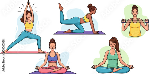 Diverse women engaged in various yoga poses and resistance band exercises