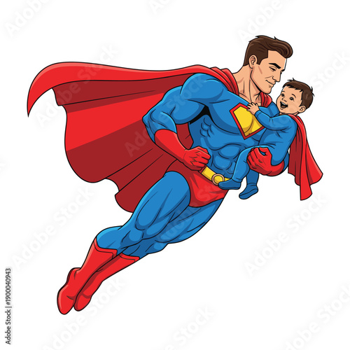 Superhero father flying with happy little boy in matching costumes