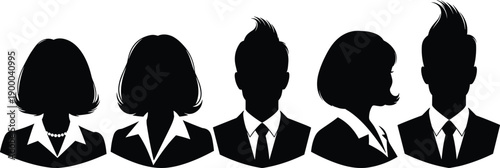 Black silhouettes of five business people with different hairstyles white background