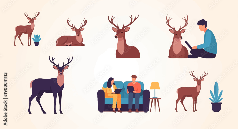 Obraz premium Diverse deer and people interact in a minimalist, pixel-art environment