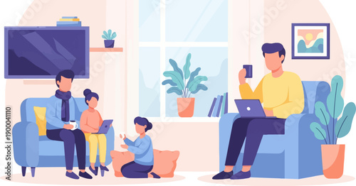 Family relaxing indoors, adults and children on laptops and watching TV