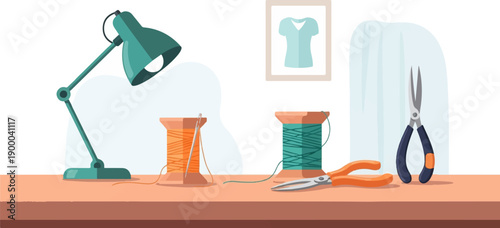 Crafting station with lamp, spools of thread, and tools