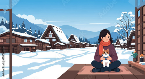 Cozy winter village scene with a person and dog on a porch