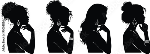 Black silhouettes of four women with various hairstyles and jewelry earrings