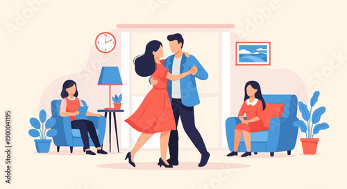 Couple dances as others relax at home