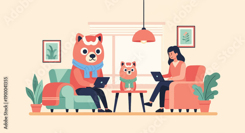 Family using laptops in a cozy room with plants and art