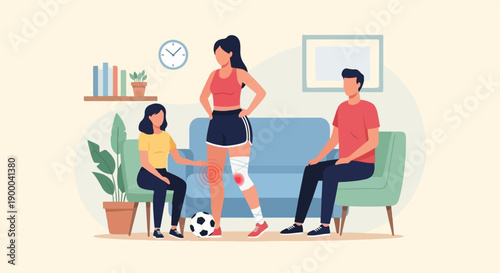 Family supports athlete with knee injury, a soccer ball nearby