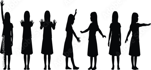 Black silhouettes of women in various poses on white background gestures