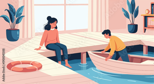 Couple by a dock with a boat and life preserver, surrounded by plants