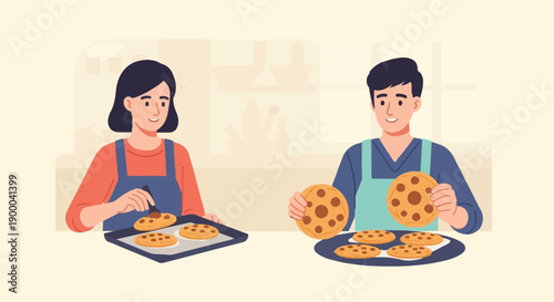 Couple baking cookies, with one person placing cookies on a tray
