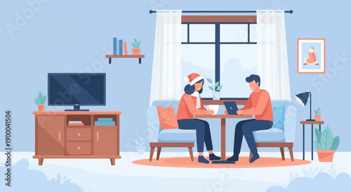 Couple at home using laptops with festive decor