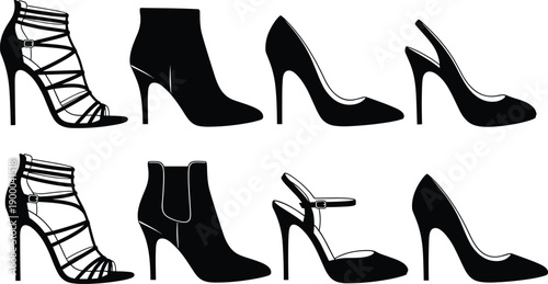 Women high heel shoes silhouettes set, pumps sandals and ankle boots black fashion icons isolated on white background