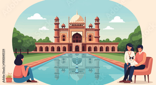 Couple and woman enjoy a serene view of a grand historical building