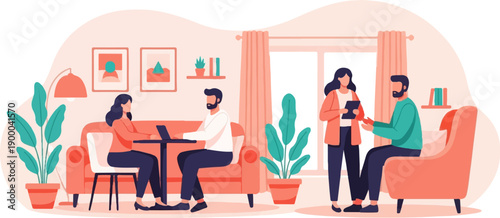 Cozy indoor scene with people interacting and working on laptops