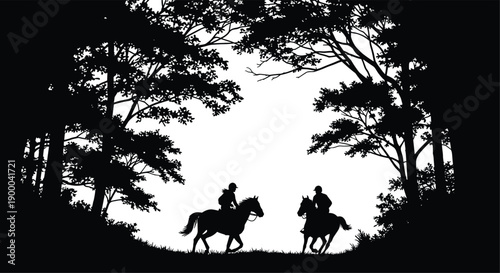 Black silhouette of two horse riders on grassy field surrounded by trees white