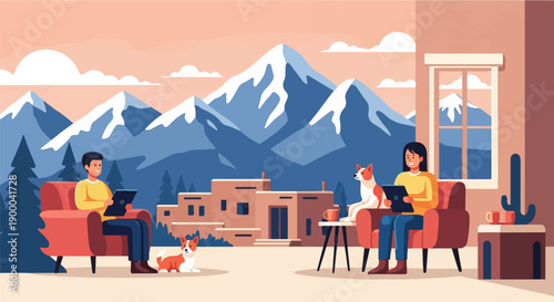 Couple and dogs relax indoors with tablet, snow-capped mountains visible