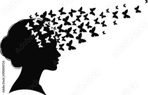 Black silhouette of woman's head with butterflies flying out white background