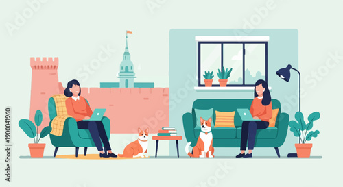Cozy indoor scene with two women working on laptops and corgi dogs