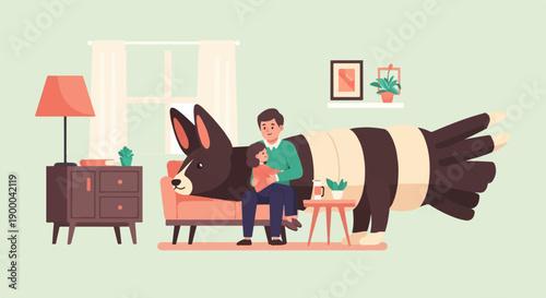 Father and daughter bonding with a large, anthropomorphic creature