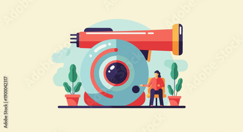 Digital surveillance theme with person and large eye-shaped camera