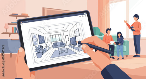 Digital tablet displays interior design sketch while people consult