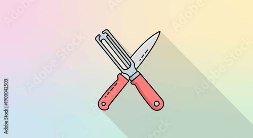 Crossed kitchen utensils, a peeler and a knife, on a pastel gradient background
