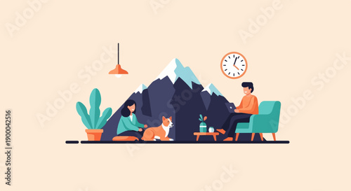 Cozy interior scene with a dog, people, and mountains