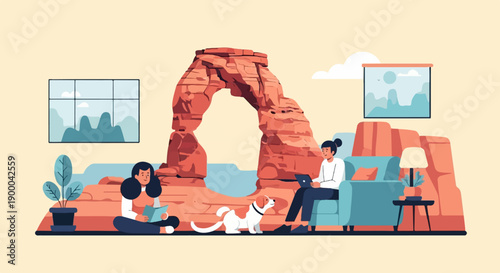 Cozy interior scene with a dog, people, and natural arch backdrop
