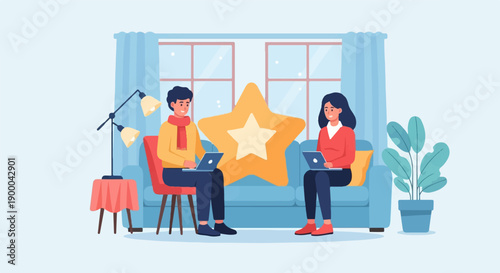 Couple with laptops in a cozy living room, star decoration
