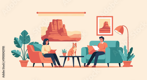 Couple and dog relax in a cozy living room with desert art