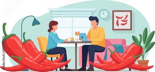 Couple working on laptop with dog and chili peppers inside a cozy room